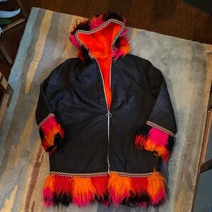 Vintage 1970s Parka With Pink and Orange Fur Trim Size Large